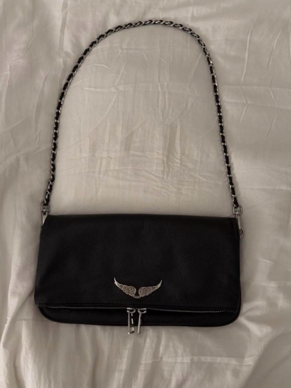 Zadig & Voltaire Black Leather Shoulder Bag with Silver Wing Emblem